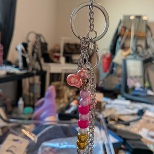 Silver and Pink Beaded Keychain
